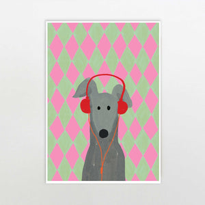 Whippet with Red Headphones Print