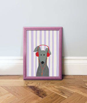 Whippet with Red Headphones Print